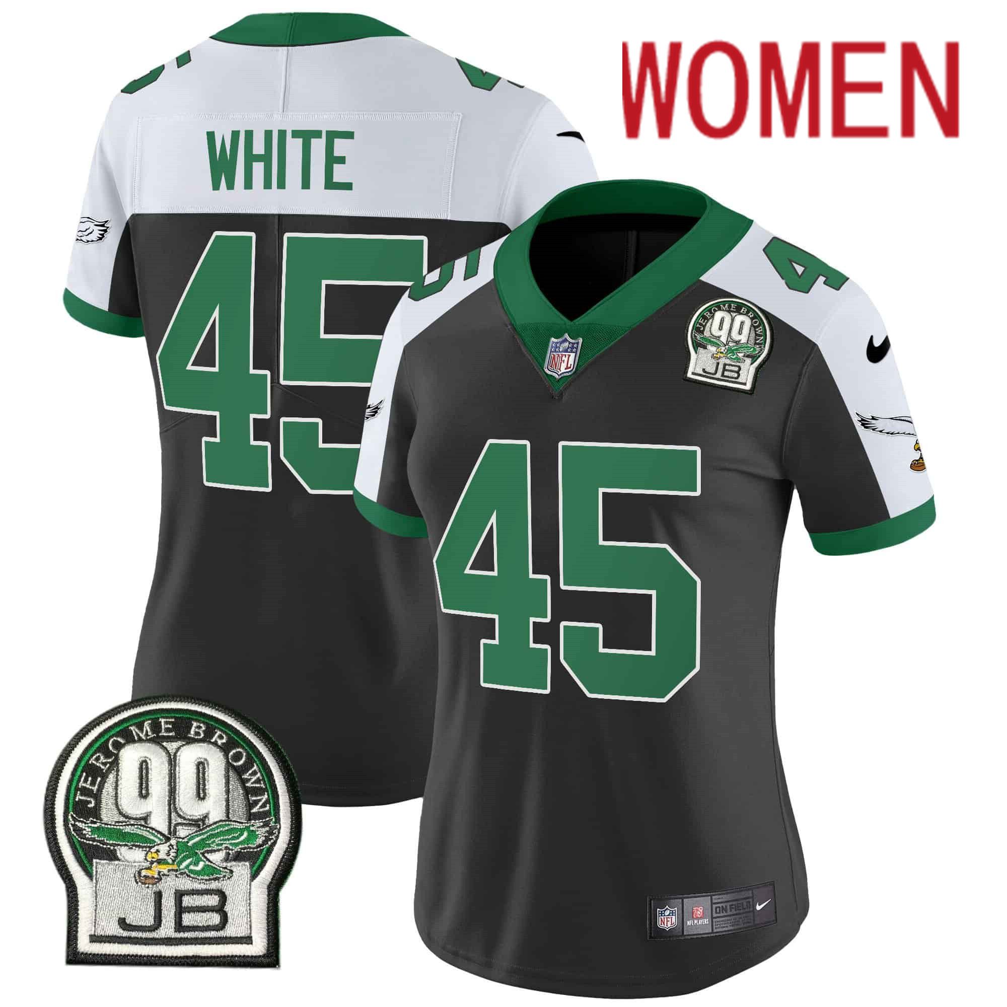 Women Philadelphia Eagles 45 White Black 2024 Nike Jerome Brown Patch Alternate Limited NFL Jersey